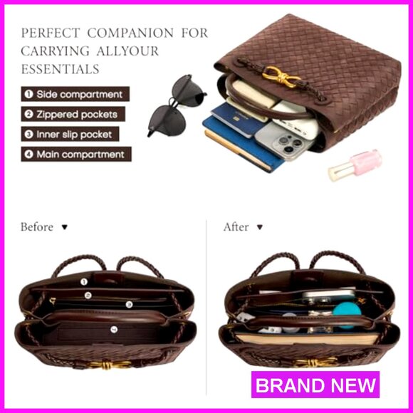 Woven PU Leather Tote Bag Adjustable Strap Top Handle Shoulder Purse - Picture 5 of 7